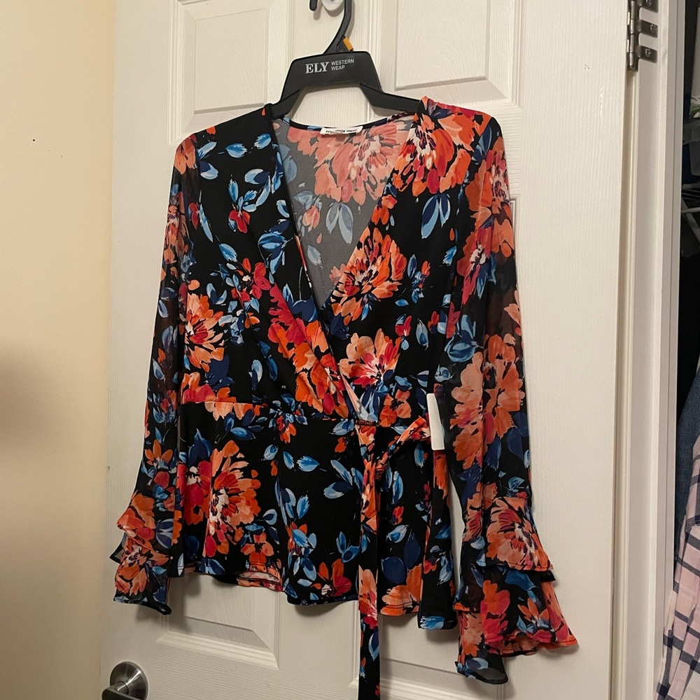 PerSeption Concept Black Wrap Blouse with Orange and Blue Floral Print - Picture 2 of 7